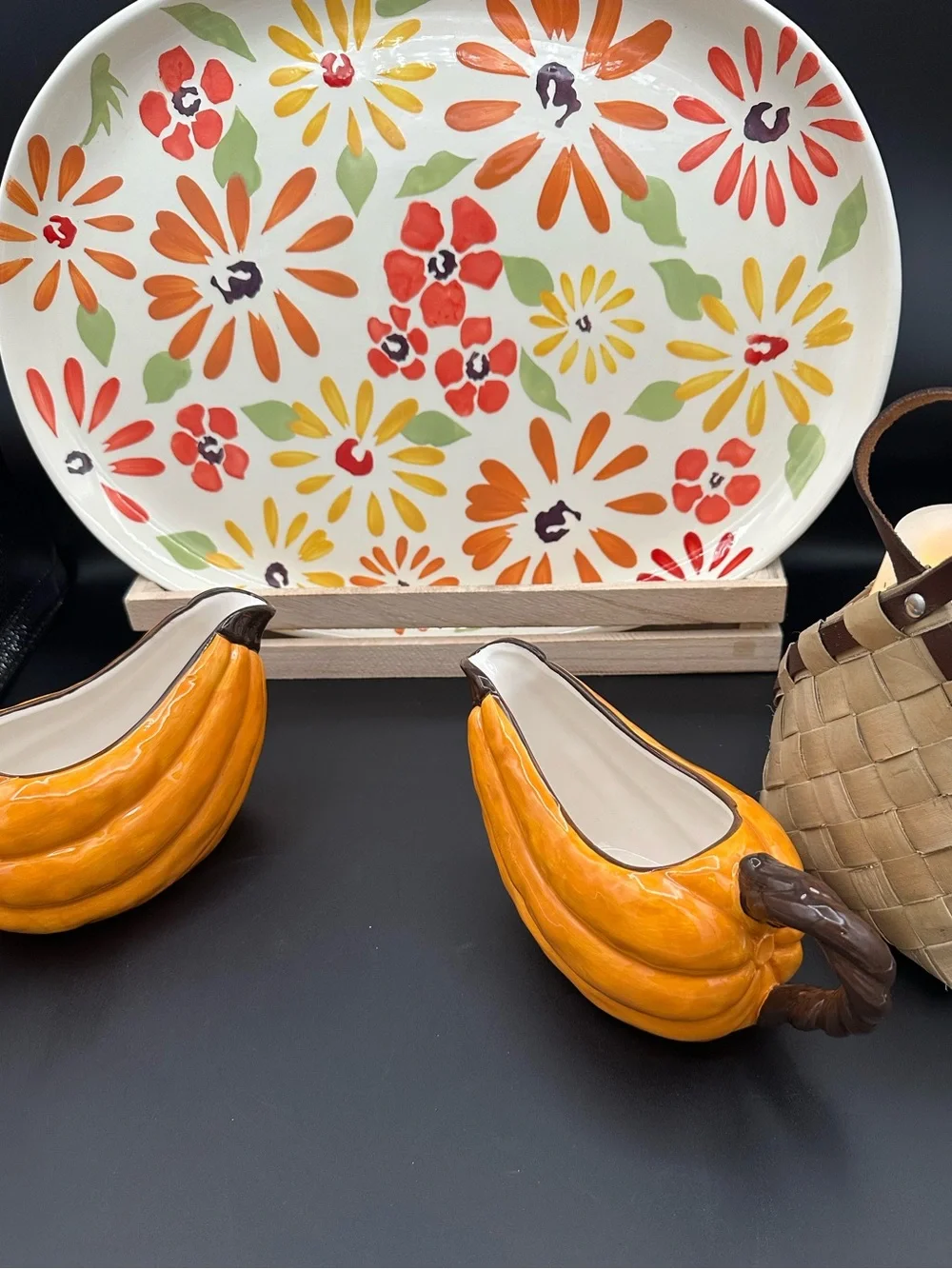 5pc Autumn Harvest Tablescape Set Platter Pumpkin Gravy Boats Candle Basket